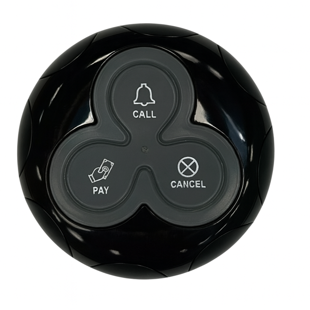 Bottone di chiamata BT-01 per ristoranti, di colore nero con funzioni CALL e PAY.