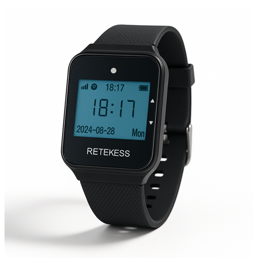 Orologio da polso nero per staff di sala con schermo digitale che mostra notifiche di chiamata.